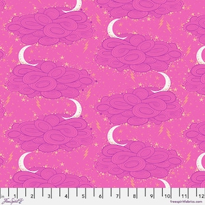 May include: Pink fabric with a repeating pattern of white crescent moons, pink clouds, and gold stars and lightning bolts.