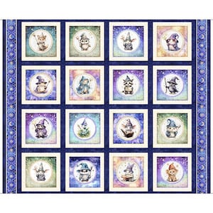 May include: A blue and white fabric with a repeating pattern of whimsical creatures wearing wizard hats and holding wands. The creatures are set against a starry night sky background.