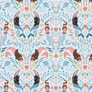 May include: A seamless pattern featuring mermaids with brown hair and blue tails swimming in a blue background with floral and sea life designs.