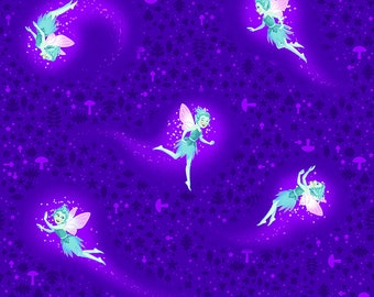Summer Night Soiree - Multicolor Flying Fairies GLOW (9202G-57) in Purple for Henry Glass Fabrics HALF YARD