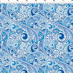 May include: A seamless pattern featuring a swirling paisley design in shades of blue and white. The pattern includes intricate details with curved lines, spirals, and floral-like elements, creating a visually rich and textured appearance. The design is suitable for fabric or wallpaper.