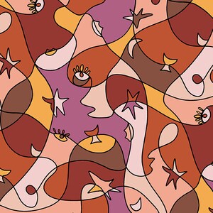 May include: Abstract art print featuring a colorful, swirling pattern of brown, orange, pink, and purple shapes. The design includes stylized eyes and stars.