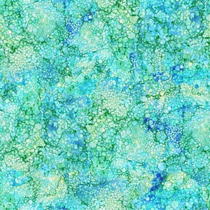 May include: Abstract fabric pattern featuring a blend of blue, green, and white hues. The design is composed of overlapping circles and dots, creating a textured, watercolor-like effect. The color palette includes shades of teal, turquoise, and seafoam green.