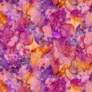 May include: Abstract art print featuring a seamless pattern of swirling, flowing shapes in shades of pink, purple, and orange. The colors blend together to create a soft, ethereal effect.