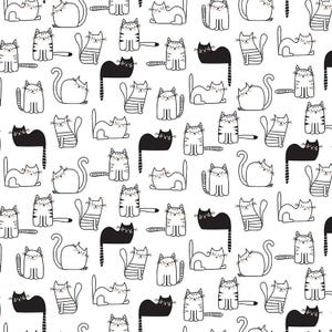 May include: A repeating pattern featuring cartoon cats in black, white, and striped designs on a white background. The cats are depicted in various poses, including sitting, standing, and lying down, all with closed eyes.