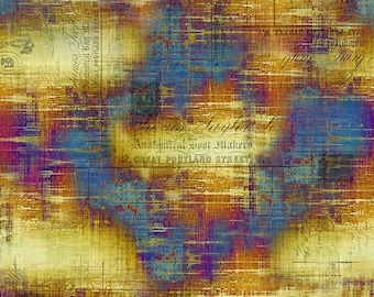 May include: A vintage-style, abstract background with a faded, distressed look. The background is a mix of yellow, orange, red, purple, and blue hues. The text "James Taylor Anatomical Boot Makers, 32, GREAT PORTLAND STREET, W1" is visible in the center of the image.