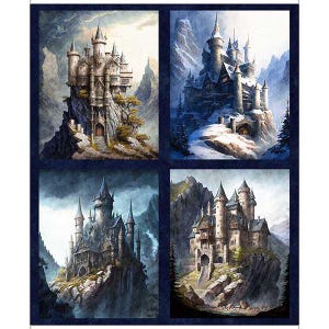May include: A fabric panel with four watercolour illustrations of medieval castles on rocky cliffs. Each castle has multiple towers and is set against a backdrop of mountains and sky. The colour palette includes blues, greys, and browns.