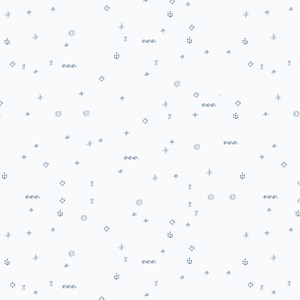 May include: A white fabric featuring a repeating pattern of small, dark blue nautical and celestial icons. The design includes tiny anchors, stylized suns, hourglasses, wavy lines representing water, and four-pointed stars scattered across the surface.