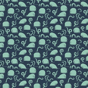 May include: A seamless pattern featuring a repeating design of teal blue whales and octopus tentacles on a dark blue background.