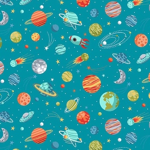May include: A repeating pattern of planets, stars, comets, and a rocket ship on a teal background. The planets are various colors, including orange, green, and blue, with rings and surface details. The design is whimsical and space-themed.