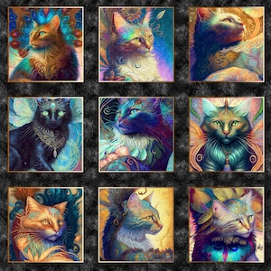 May include: Nine square panels featuring vibrantly colored, artistic portraits of cats. Each cat has unique fur patterns and colors, including orange, blue, and purple. The cats are set against a dark, textured background with decorative borders.
