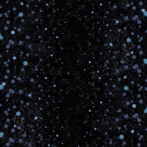 May include: Abstract digital art featuring a black background with a scattered pattern of blue and light blue dots. Two vertical stripes of dark blue run along the edges of the image.