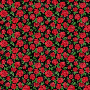May include: A repeating pattern of red roses with green leaves on a black background. The roses are in various stages of bloom, creating a dense and visually rich floral design. The overall effect is a classic, romantic aesthetic.