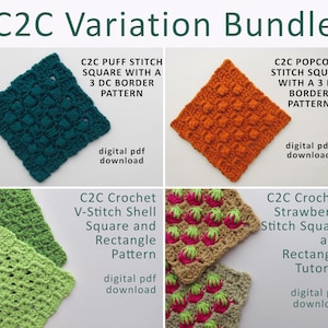 Puede incluir: Un paquete digital en PDF con cuatro patrones de crochet. Los patrones incluyen un cuadrado C2C de punto puff turquesa, un cuadrado C2C de punto palomita naranja, cuadrados verdes de punto V y un tutorial de cuadrado y rectángulo de punto fresa.
