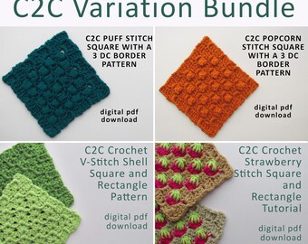 May include: A digital PDF bundle featuring four crochet patterns. The patterns include a teal C2C puff stitch square, an orange C2C popcorn stitch square, green V-stitch shell squares, and a strawberry stitch square with a rectangle tutorial.