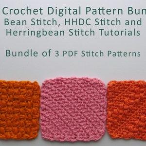 May include: A bundle of three crochet stitch patterns, including the bean stitch, HHDC stitch, and herringbone stitch. The patterns are printed on PDF documents. The image shows three crocheted squares in orange, pink, and coral.