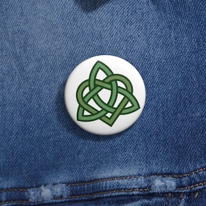 Celtic Trinity Knot with Heart Button Pin - Shades of Green on White Background
