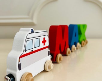 Build your own Train with an ambulance car. Personalized Wooden Magnetic Alphabet Letters. Kids Educational Toy and Room Decoration.
