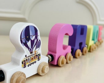 Build your own Train with an Animal Trolly Purple Hot Air Balloon. Personalized Wooden Magnetic Alphabet Letters. Kids Toy. Name puzzle.