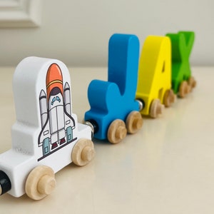 Build your own Train with a Spaceship Rocket. Personalized Wooden Magnetic Alphabet Letters. Kids Toy and Room Decoration. Name puzzle.
