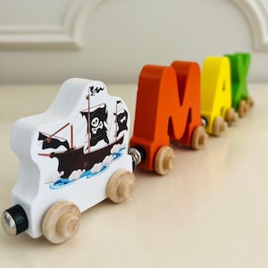 Build your own Train with a Pirate Ship. Personalized Wooden Magnetic Alphabet Letters. Kids educational Toy. Name puzzle.