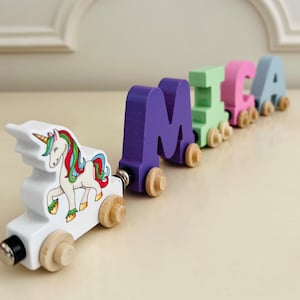 Build your own Train with a Beautiful Unicorn. Personalized Wooden Magnetic Alphabet Letters. Kids Toy and Room Display. Name puzzle.