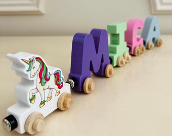 Build your own Train with a Beautiful Unicorn. Personalized Wooden Magnetic Alphabet Letters. Kids Toy and Room Display. Name puzzle.