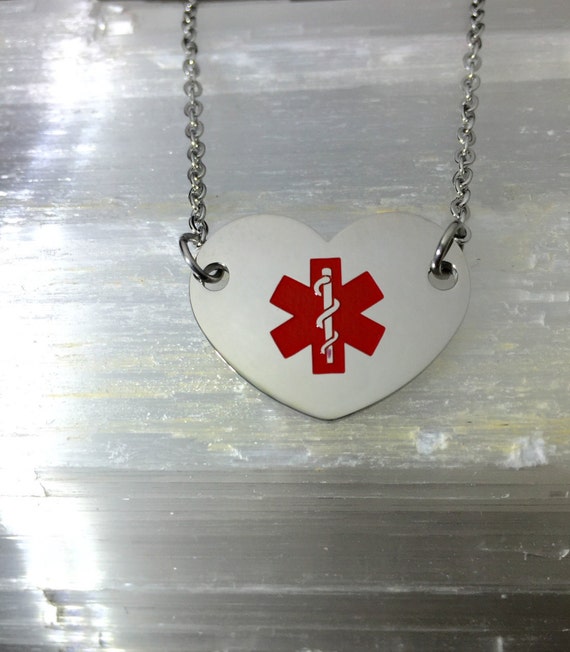 Free Engraving Included-Heart medical ID Necklace with Red | Etsy