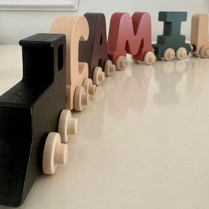 May include: A wooden toy train with a black engine and colorful letter cars spelling out the word "FAMILY". The cars are painted in shades of brown, red, green, and beige.