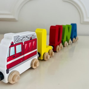 Build your own Train with a Red Firetruck. Personalized Wooden Magnetic Alphabet Letters. Kids Educational Toy. Name puzzle.