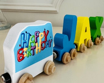 Build your own Train with a Happy Birthday Banner. Personalized Wooden Magnetic Alphabet Letters. Kids Educational Toy. Name puzzle.
