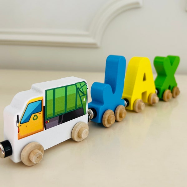 Build your own Train with a Garbage Truck. Personalized Wooden Magnetic Alphabet Letters. Kids Educational Toy. Name puzzle.