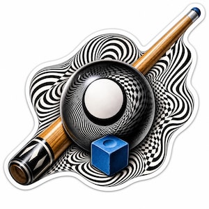 May include: A wooden pool cue rests diagonally across a glossy black and white checkered sphere, which is set against a black and white swirling optical illusion pattern. A small, solid blue cube of billiard chalk sits in the foreground.