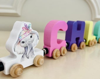 Build your own Boho Elephant  jungle animal. Personalized Wooden Magnetic Alphabet Letters. Kids Educational Toy. Name puzzle.
