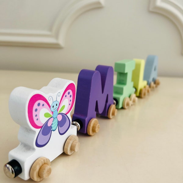 Build your own Train with a Purple and Pink Butterfly. Personalized Wooden Magnetic Alphabet Letters. Kids educational Toy. Name puzzle.