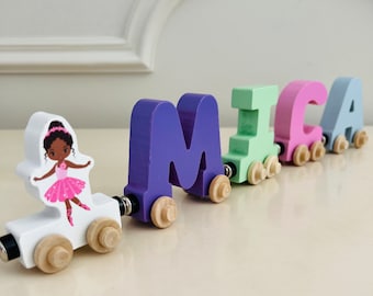 Build your own Train with a Black Pink Ballerina. Personalized Wooden Magnetic Alphabet Letters. Kids Educational Toy and Room Decoration.
