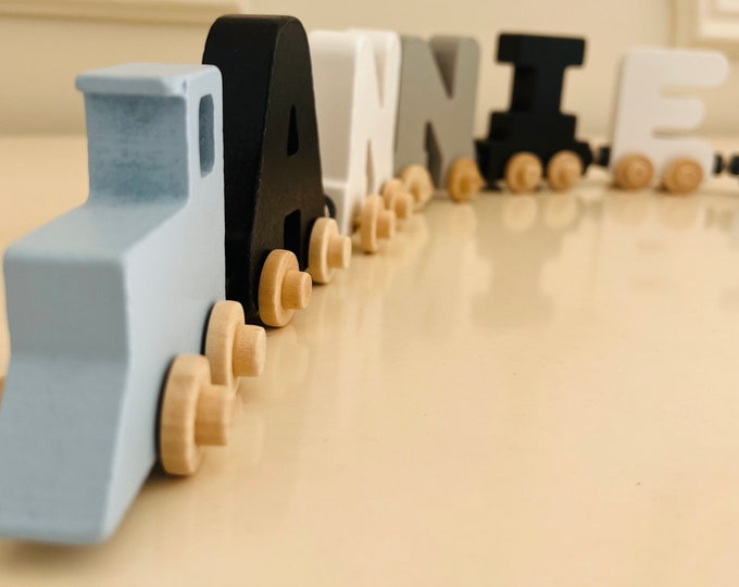 Smokey Cloud Personalized Wooden Name Train, Custom Montessori Alphabet Train, Toddler Toy, Girl Gift, Nursery Gift, Playroom