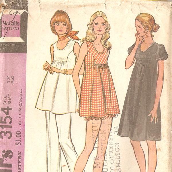 McCall's 3514 Misses' 70's Maternity Dress or Tunic Pants and Bloomers - Size 12 Bust 34"