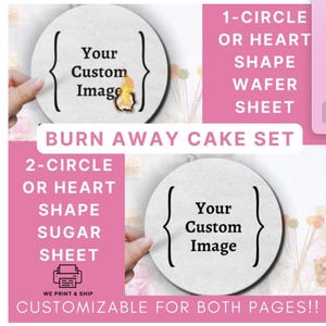 Custom Circle and Heart Shaped Burn Away Set | BURN AWAY CAKE | Edible Wafer Paper + Icing Image | Cake Topper | Announcement Making
