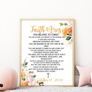 May include: A printable wall art design with a floral border and a quote about faith. The quote reads "Faith Arise You Belong to Christ." and includes a date of October 17, 2021.