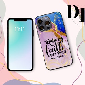 May include: A phone case with a purple, blue, and gold marble design. The case has the text "Walk by faith not sight 2 Corinthians 5:7" in black lettering.