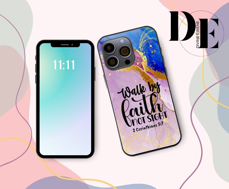 May include: A phone case with a purple, blue, and gold marble design. The case has the text "Walk by faith not sight 2 Corinthians 5:7" in black lettering.