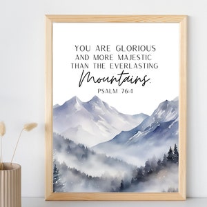 Watercolor Scripture Print, Psalm 76:4 Digital Download Bible Art, Mountain Watercolor Print, Scripture Wall Art Prints, Christian Decor