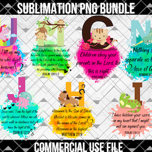 Könnte beinhalten: Ein Sublimations-PNG-Paket mit bunten Buchstaben des Alphabets, die jeweils ein anderes Tier und einen Bibelvers zeigen. Die Buchstaben sind J, M, C, N, H und I. Die Verse sind: "Zu dir hebe ich meine Augen, du, der du im Himmel wohnst. Psalm 123:1", "Macht dem Herrn ein fröhliches Getöse, alle Lande. Wir werden dem Herrn ein fröhliches Getöse machen, alle Lande! Dient dem Herrn mit Freuden! Kommt in seine Gegenwart mit Gesang. Psalm 100:1-2", "Kinder, gehorcht euren Eltern im Herrn, denn das ist recht. Epheser 6:1", "Nichts wird uns von der Liebe Gottes trennen. Römer 8:38", "Hosanna dem Sohn Davids. Gesegnet sei er, der kommt im Namen des Herrn! Hosanna in der Höhe. Matthäus 21:9", "Ich habe dein Wort in meinem Herzen verborgen, damit ich nicht gegen dich sündige. Psalm 119:11".