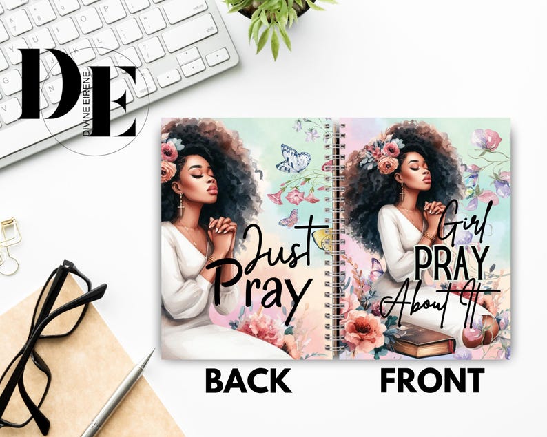 May include: A spiral bound journal with a floral design and a woman with dark hair praying. The front cover reads "Girl Pray About It" and the back cover reads "Just Pray".