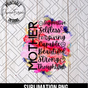 Puede incluir: Un dise&ntilde;o de sublimaci&oacute;n con la palabra "MADRE" en orientaci&oacute;n vertical sobre un fondo de acuarela rosa, azul y dorado. La palabra est&aacute; rodeada de adjetivos positivos que describen a una madre, incluyendo "apoyo", "desinteresado", "perdonador", "capaz", "hermoso", "fuerte" y "considerado".