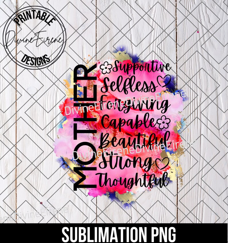 Puede incluir: Un dise&ntilde;o de sublimaci&oacute;n con la palabra "MADRE" en orientaci&oacute;n vertical sobre un fondo de acuarela rosa, azul y dorado. La palabra est&aacute; rodeada de adjetivos positivos que describen a una madre, incluyendo "apoyo", "desinteresado", "perdonador", "capaz", "hermoso", "fuerte" y "considerado".
