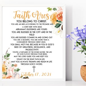 May include: A printable wall art design with a floral background and inspirational text about faith. The text reads "Faith Ares You Belong to Christ." and includes a quote about being blessed and a cross symbol. The date "October 17, 2021" is printed at the bottom.