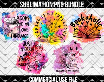 Book Lover Png, Reading Png, Bookish Png, Book Sublimation Bundle, Watercolor Png, Sublimation Design, Coffee Mug Png, Bookaholic Png