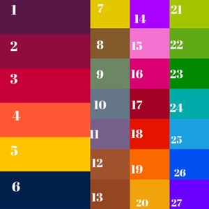May include: A color chart with 27 different colors, numbered 1 through 27. The colors are arranged in a grid of 3 columns and 9 rows. The colors include purple, red, orange, yellow, green, blue, brown, and pink.